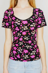 Vintage Top - Jet & Pink Blossom Print - Free Size S/M by all about audrey