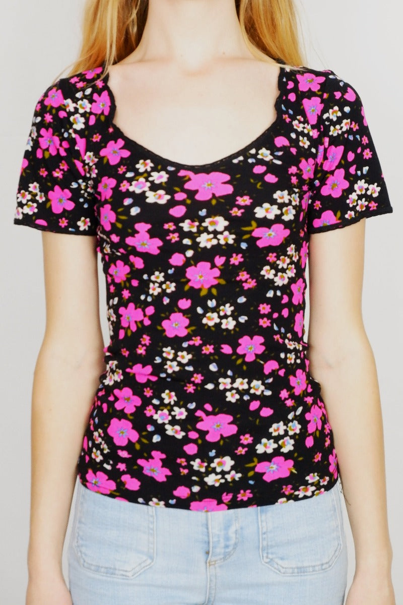 Vintage Top - Jet & Pink Blossom Print - Free Size S/M by all about audrey