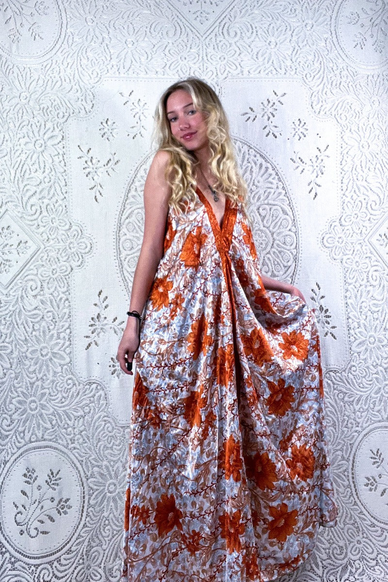 Eden Halter Maxi Dress - Vintage Sari - Burnt Orange & Salt White Flower Burst - Free Size M by all about audrey