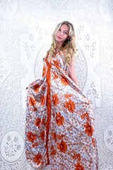 Eden Halter Maxi Dress - Vintage Sari - Burnt Orange & Salt White Flower Burst - Free Size M by all about audrey