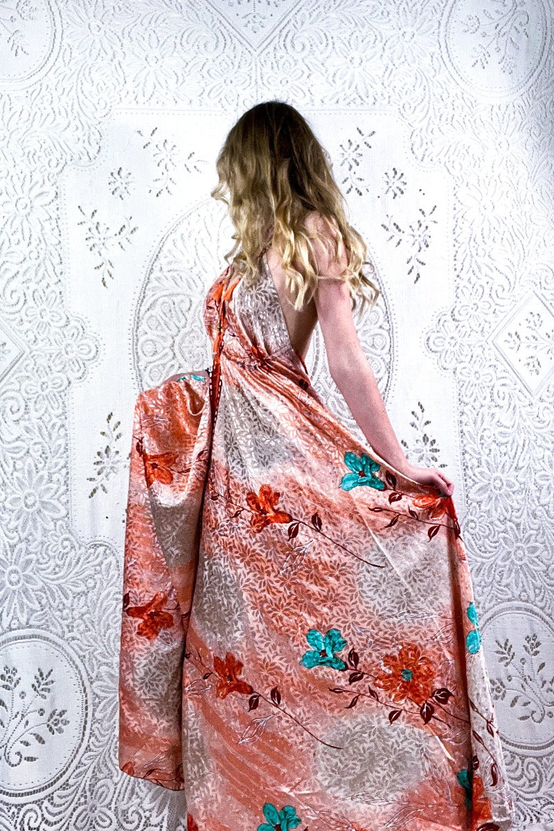Eden Halter Maxi Dress - Vintage Sari - Peach Beach Botanical Jacquard - Free Size M/L by all about audrey