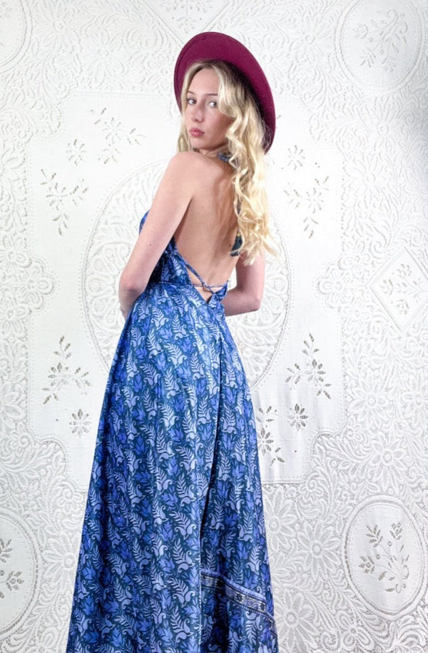 Eden Halter Maxi Dress - Vintage Sari - Lavender & Moon Grey Floral - Free Size M/L by all about audrey