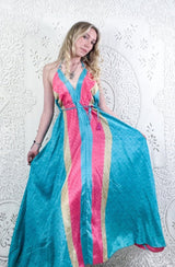 Eden Halter Maxi Dress - Vintage Sari - Aquamarine Paisley Waves - Free Size M/L by all about audrey