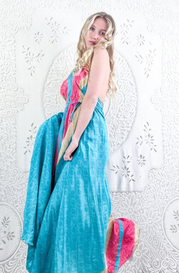 Eden Halter Maxi Dress - Vintage Sari - Aquamarine Paisley Waves - Free Size M/L by all about audrey