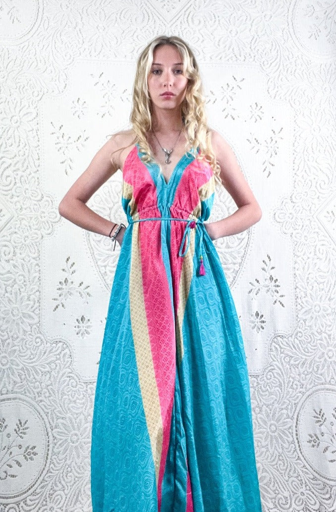 Eden Halter Maxi Dress - Vintage Sari - Aquamarine Paisley Waves - Free Size M/L by all about audrey