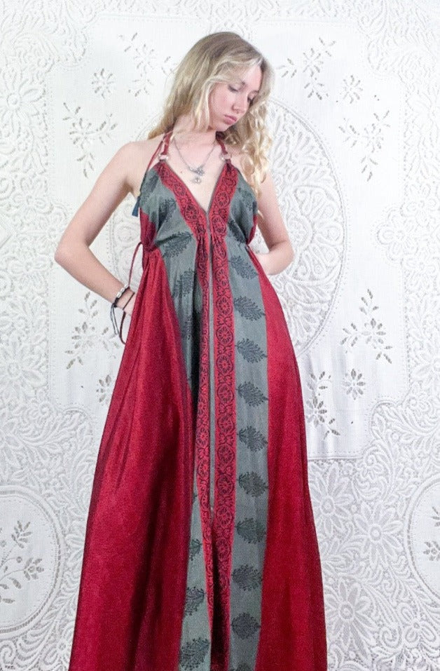 Eden Halter Maxi Dress - Vintage Sari - Sheer Ruby & Pewter Floral - Free Size S/M by all about audrey
