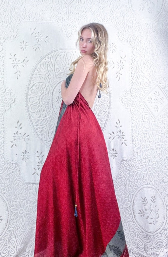 Eden Halter Maxi Dress - Vintage Sari - Sheer Ruby & Pewter Floral - Free Size S/M by all about audrey