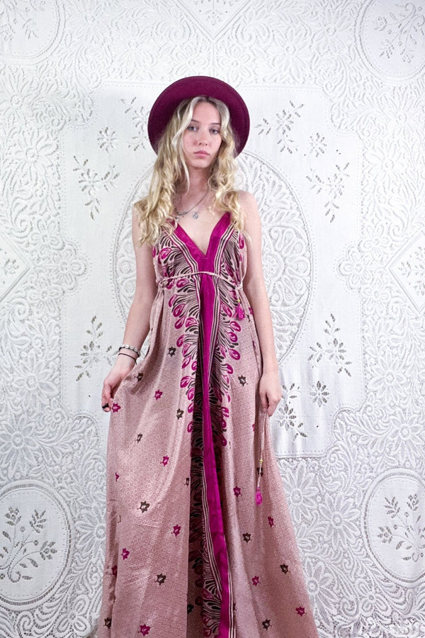 Eden Halter Maxi Dress - Vintage Sari - Dusty Rose Floral Tiles - Free Size S/M by all about audrey