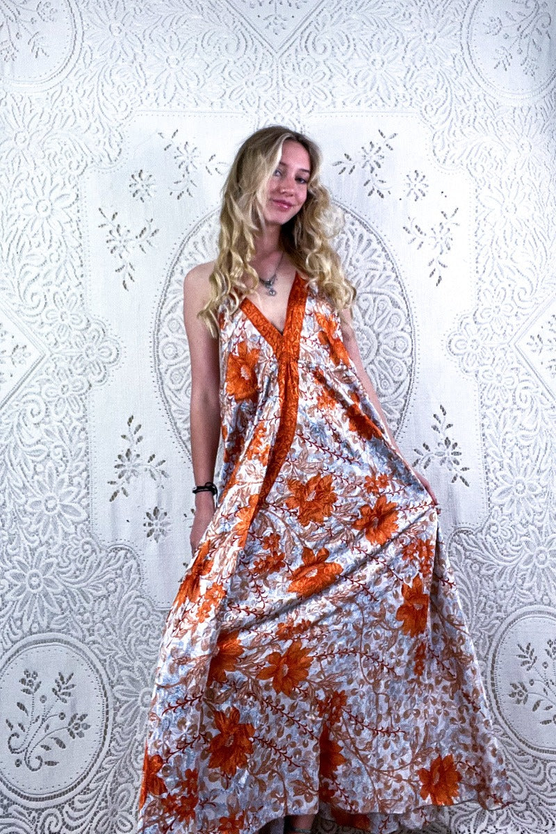 Eden Halter Maxi Dress Vintage Sari Burnt Orange Salt White Flower Burst Free Size M