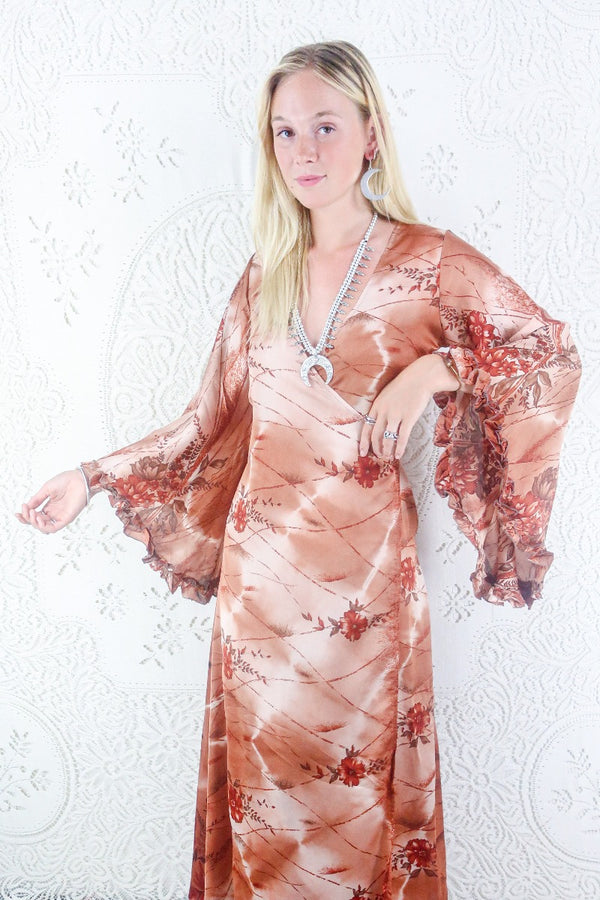 Venus Vintage Sari Maxi Dress - Rose Gold & Russet Wildflower - Size XS By All About Audrey