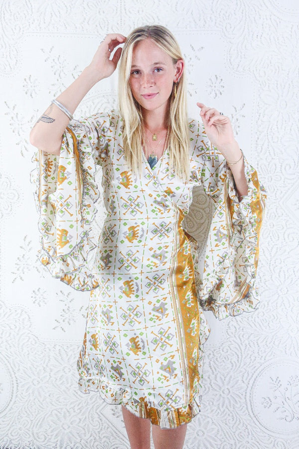 Venus Vintage Sari Midi Dress - Pearl White & Mustard Elephant Print - Size S/M By All About Audrey