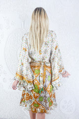 Venus Vintage Sari Midi Dress - Pearl White & Mustard Elephant Print - Size S/M