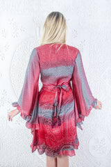 SALE Venus Vintage Sari Midi Dress - Cherry Red & Slate Batik Effect - Size S/M By All About Audrey