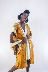 Gemini Kimono - Honey Yellow & Hazelnut Brown Chevron - Vintage Indian Sari - Size XS by all about audrey