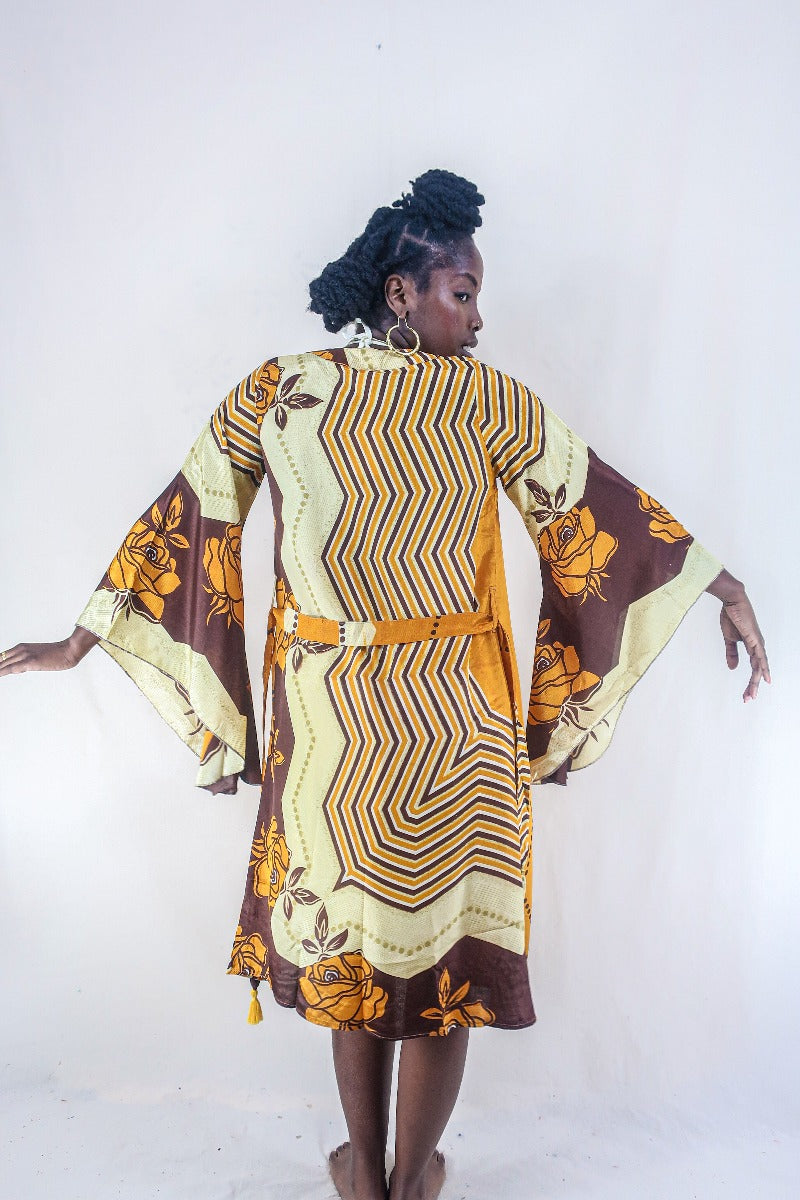 Gemini Kimono - Honey Yellow & Hazelnut Brown Chevron - Vintage Indian Sari - Size XS by all about audrey