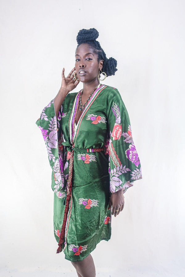 Gemini Kimono - Midnight Green Rose Blossoms - Vintage Indian Sari - Size M/L by all about audrey