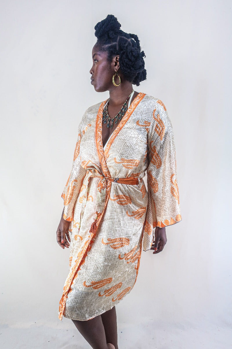 Gemini Kimono - Ivory & Soft Orange Botanical - Vintage Indian Sari - Size M/L by all about audrey