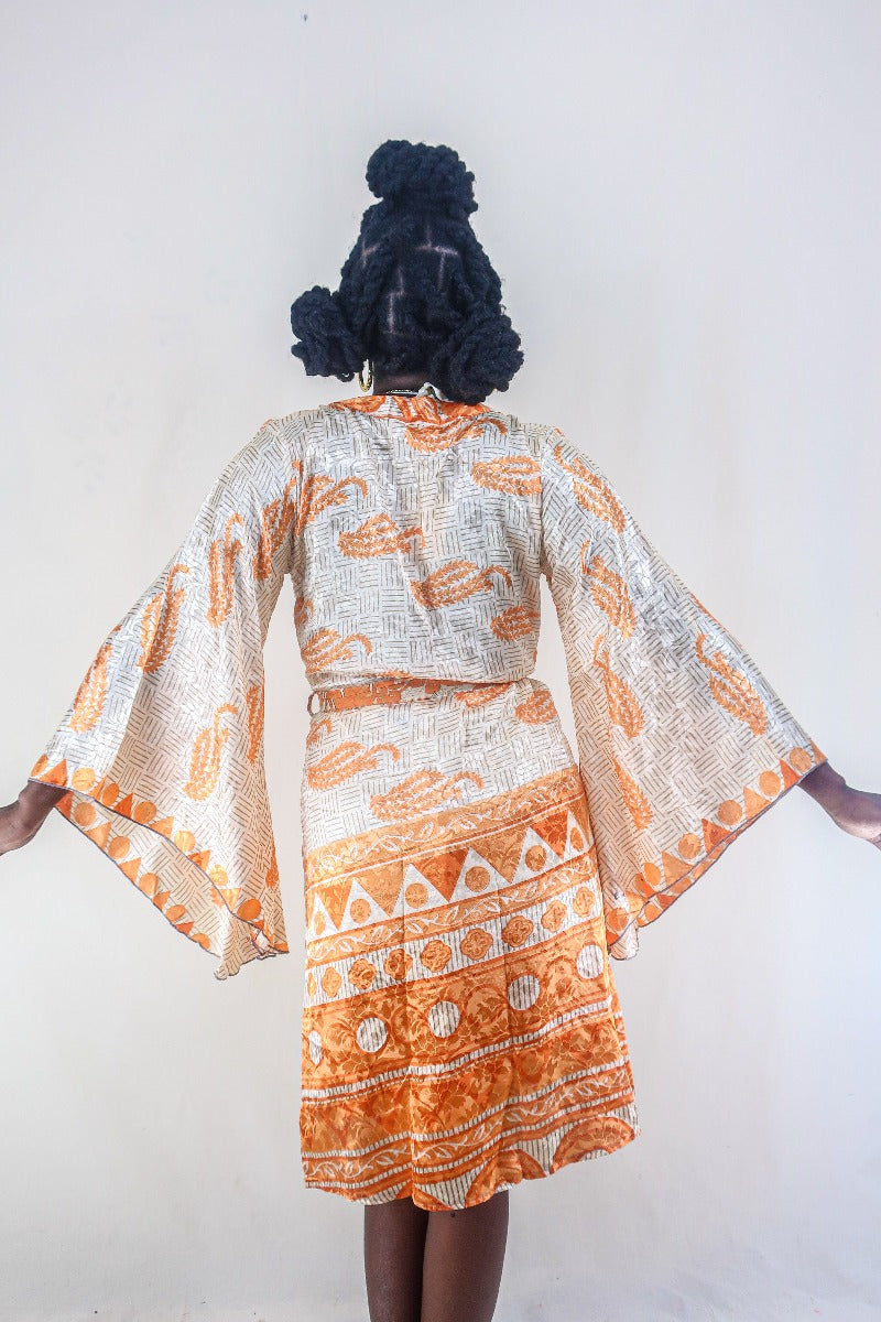 Gemini Kimono - Ivory & Soft Orange Botanical - Vintage Indian Sari - Size M/L by all about audrey