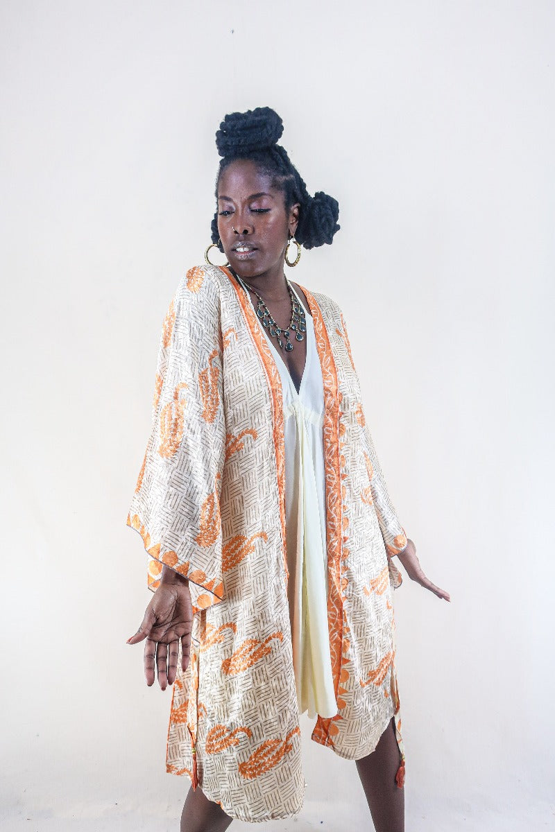 Gemini Kimono - Ivory & Soft Orange Botanical - Vintage Indian Sari - Size M/L by all about audrey