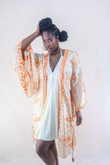 Gemini Kimono - Ivory & Soft Orange Botanical - Vintage Indian Sari - Size M/L by all about audrey
