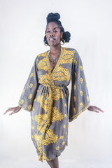 Gemini Kimono - Smokey Flourishes & Yellow Paisley - Vintage Indian Sari - Size XL by all about audrey