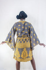 Gemini Kimono - Smokey Flourishes & Yellow Paisley - Vintage Indian Sari - Size XL by all about audrey
