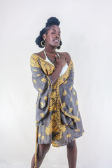 Gemini Kimono - Smokey Flourishes & Yellow Paisley - Vintage Indian Sari - Size XL by all about audrey