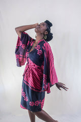 Gemini Kimono - Black & Romatic Pink Floral - Vintage Indian Sari - Size XL by all about audrey