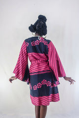 Gemini Kimono - Black & Romatic Pink Floral - Vintage Indian Sari - Size XL by all about audrey