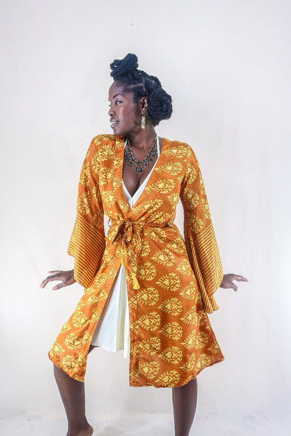 Gemini Kimono - Caramel Gold & Blonde Indian Motif - Vintage Indian Sari - Size S/M by all about audrey