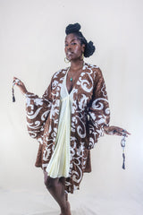 Gemini Kimono - Diamond White & Chocolate Brown Shimmer - Vintage Indian Sari - Size XL by all about audrey
