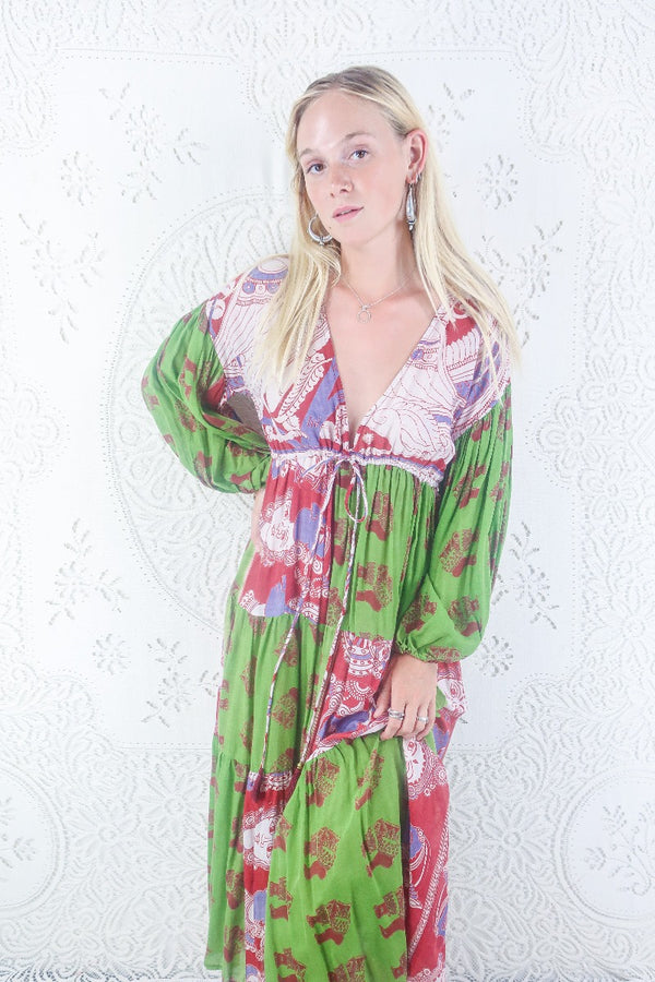Gypsophila Maxi Dress - Vintage Indian Cotton - Lime & Chili Red Figures Motif - M/L By All About Audrey