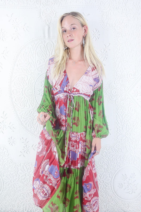 Gypsophila Maxi Dress - Vintage Indian Cotton - Lime & Chili Red Figures Motif - M/L By All About Audrey