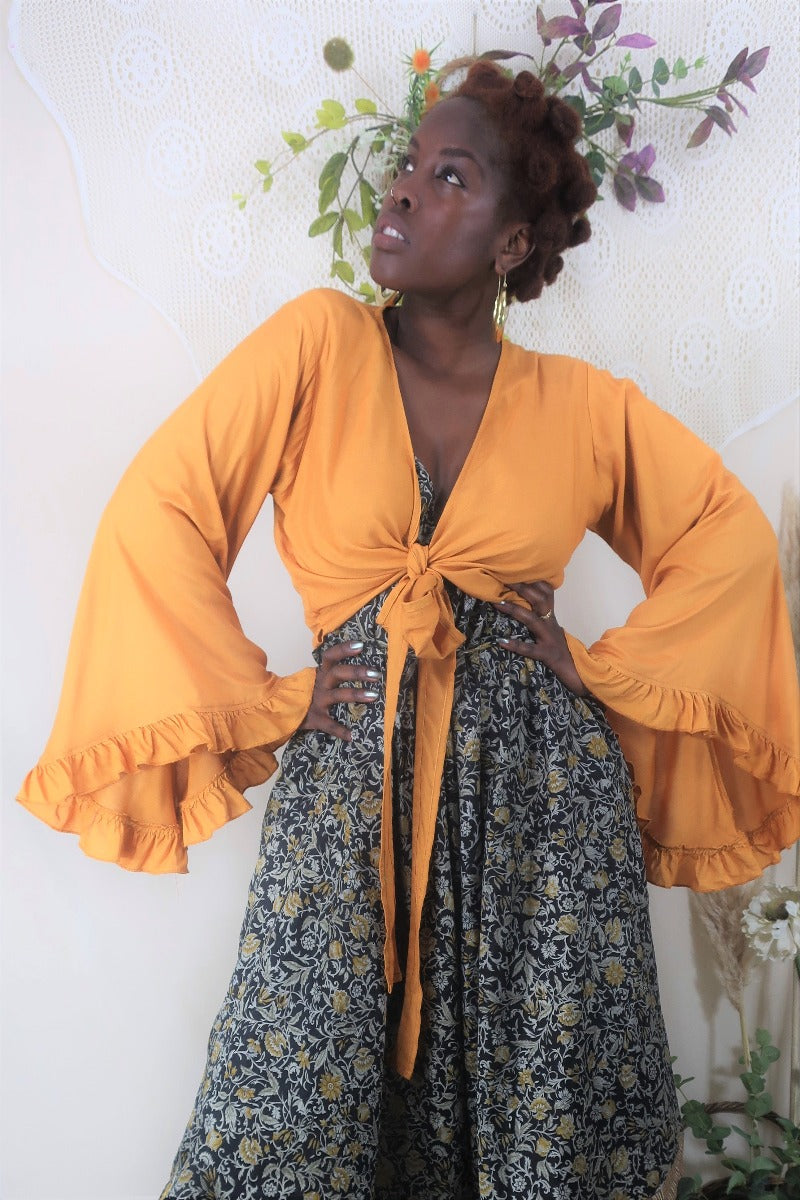 Frill Bell Sleeve Venus Wrap Top | Mustard Yellow | All About