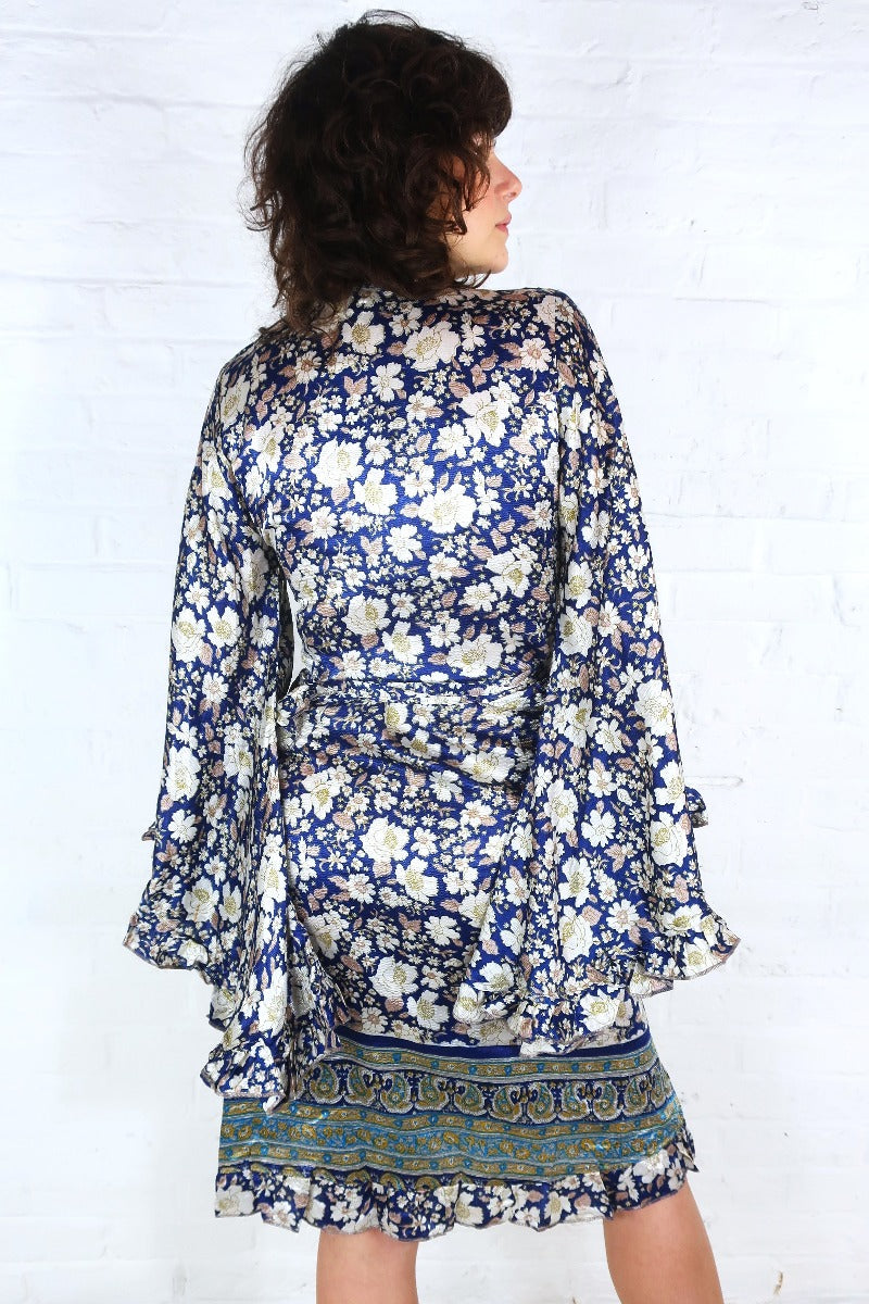 Venus Midi Dress - Indigo Blue & Cream Wildflower Block Print - Size S/M by all about audrey