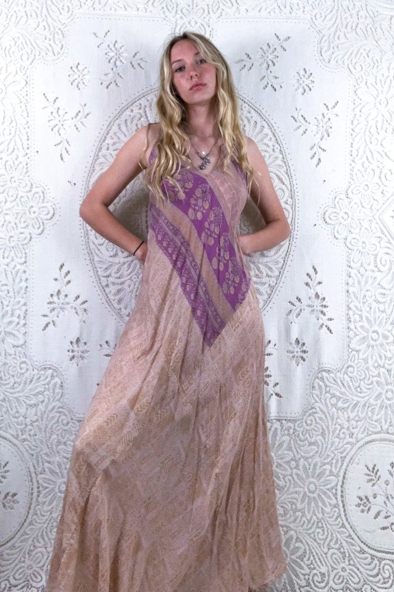 Siren Maxi Dress - Powdered Peach & Lilac Wildflower - Vintage Indian Silk - XS-L By All About Audrey