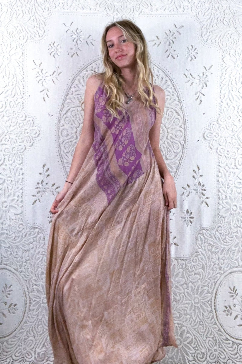 Siren Maxi Dress - Powdered Peach & Lilac Wildflower - Vintage Indian Silk - XS-L By All About Audrey