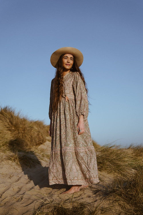 boho style maxi dress uk Florence Boho Maxi Dress in Sage & Blush Paisley