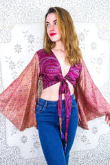 Gemini Wrap Top - Apricot & Juice Pink Paisley Floral - Vintage Silk - Size M by all about audrey