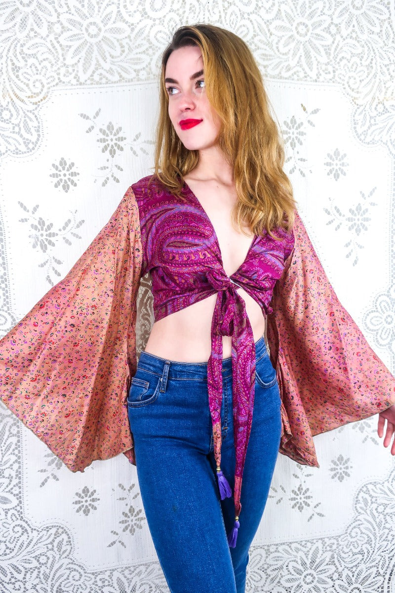 Gemini Wrap Top - Apricot & Juice Pink Paisley Floral - Vintage Silk - Size M by all about audrey