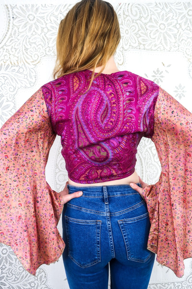 Gemini Wrap Top - Apricot & Juice Pink Paisley Floral - Vintage Silk - Size M by all about audrey