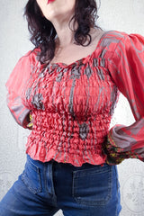 Pearl Top - Bright Coral & Taupe Abstract - Vintage Indian Sari - S/M By All About Audrey