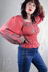 Pearl Top - Bright Coral & Taupe Abstract - Vintage Indian Sari - S/M By All About Audrey
