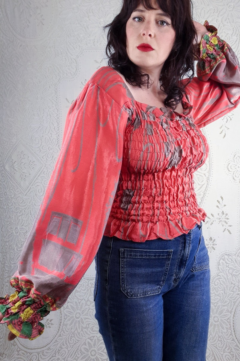 Pearl Top - Bright Coral & Taupe Abstract - Vintage Indian Sari - S/M By All About Audrey