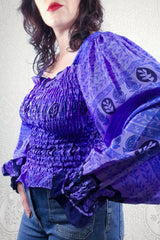 Pearl Top - Mauve, Cornflower & Midnight Blue Block Print - Vintage Indian Sari - S/M By All About Audrey