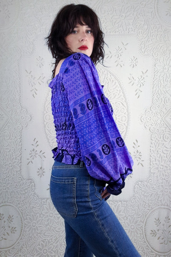Pearl Top - Mauve, Cornflower & Midnight Blue Block Print - Vintage Indian Sari - S/M By All About Audrey