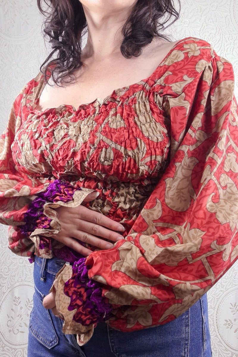 Pearl Top - Rouge & Rose Gold Jacquard - Vintage Indian Sari - S - M/L By All About Audrey