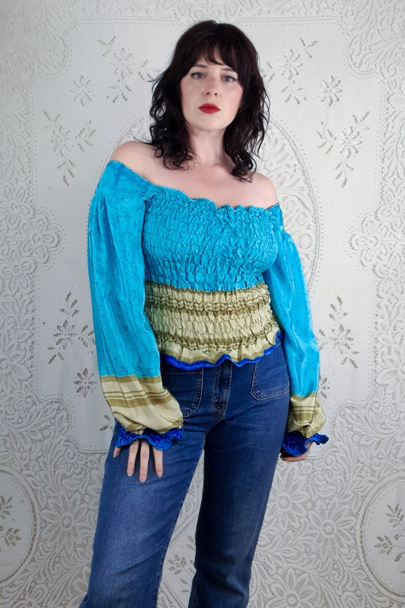 Pearl Top - Turquoise & Sandstone Stripe - Vintage Indian Sari - S - M/L By All About Audrey