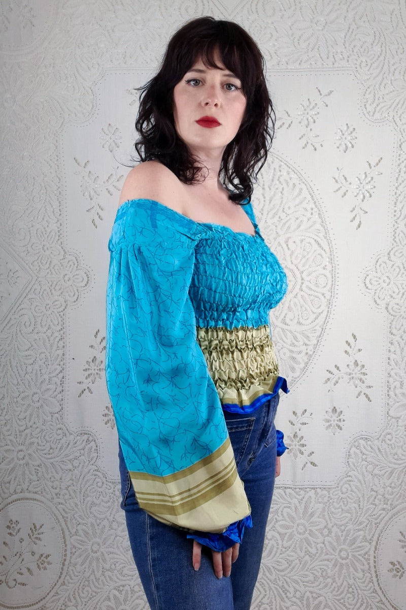 Pearl Top - Turquoise & Sandstone Stripe - Vintage Indian Sari - S - M/L By All About Audrey