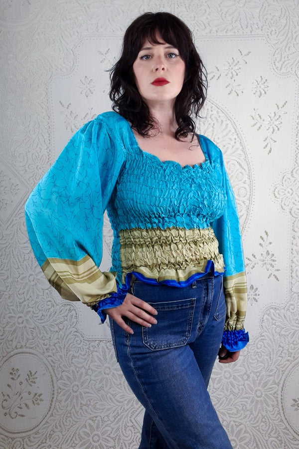 Pearl Top - Turquoise & Sandstone Stripe - Vintage Indian Sari - S - M/L By All About Audrey